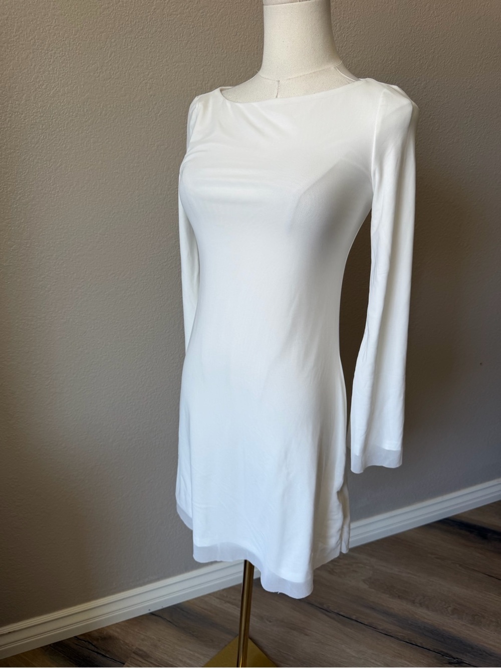 NWT White Long-Sleeve Mini Dress with Boat Neck, XS